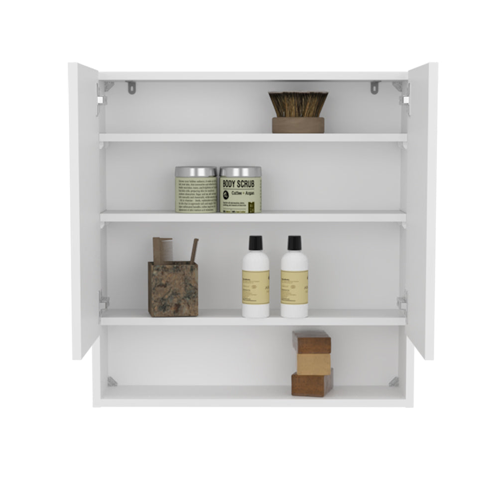 Double-Door Medicine Cabinet With Mirrored Doors And Interior Shelves