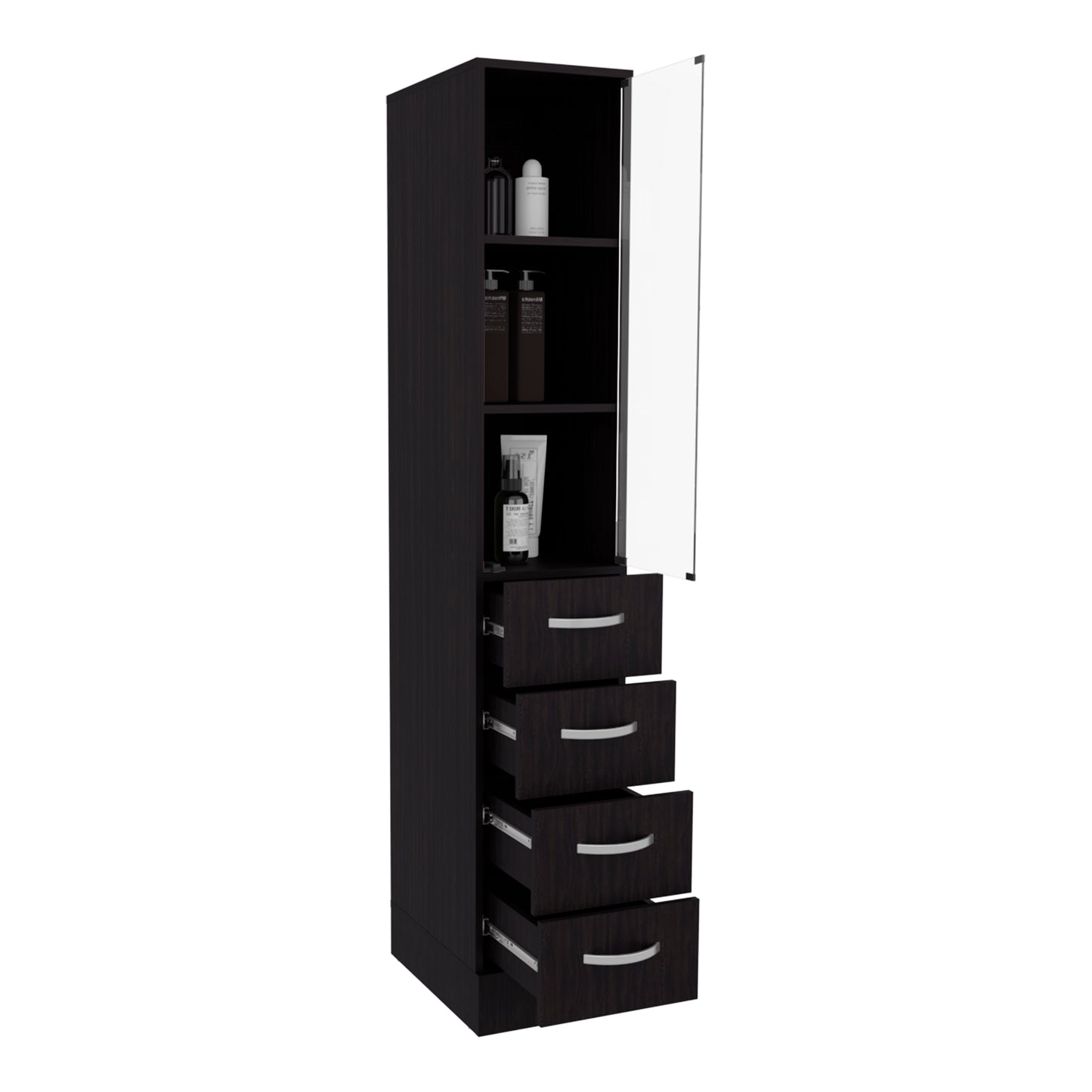 Tuhome Vanguard Linen Cabinet with Three Open Shelves, Four Spacious Drawers, Glass-Door Enclosed Storage, Modern Bathroom Organizer for Towels, Toiletries, Linens, and Everyday Essentials