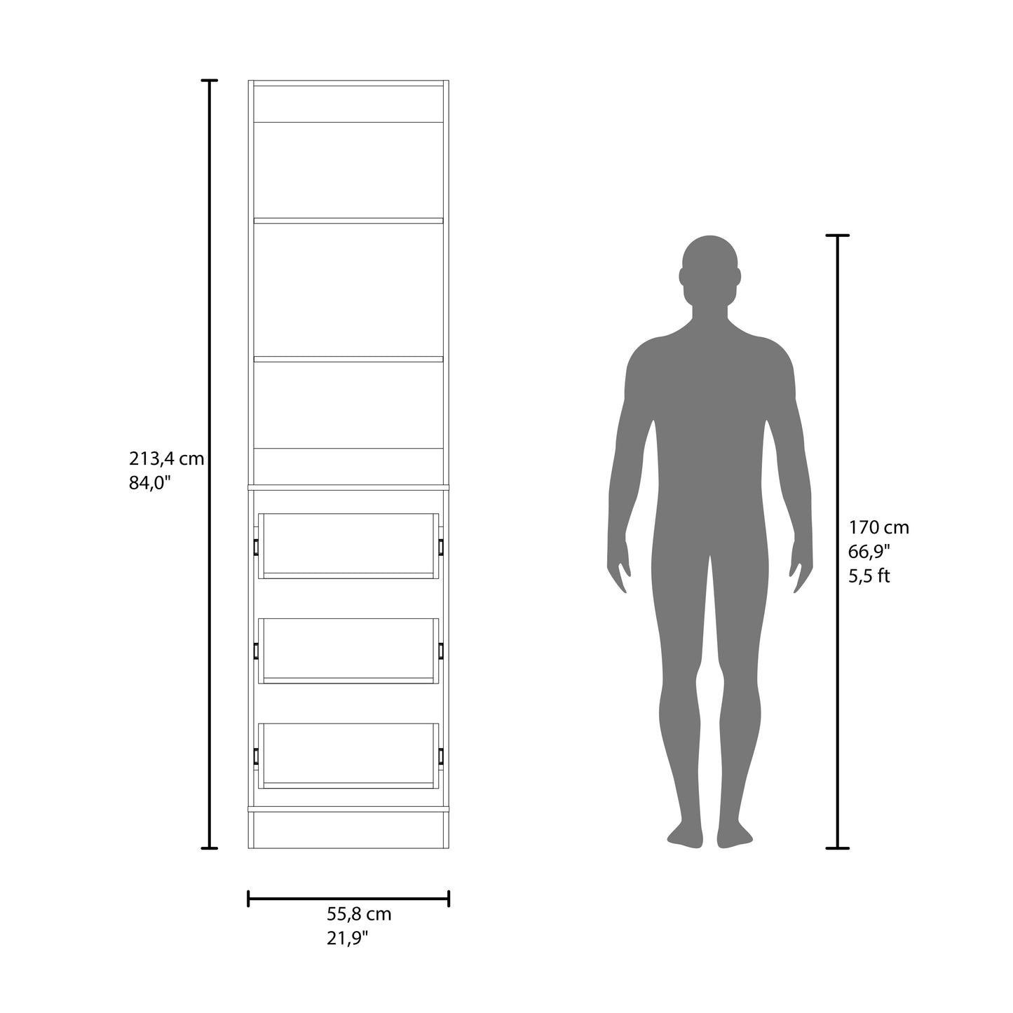 Eco Closet Free-Standing Wardrobe Tower with 3 Spacious Drawers, Open Shelves for Clothes, Bedroom Storage Organizer, Vertical Closet System for Small Spaces, Modern Space-Saving Clothing Cabinet