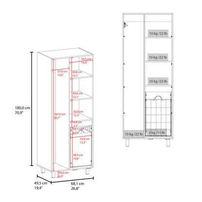 Iris 71" High Two-Door Broom Closet With Hamper , Four Shelves, Hangers, Storage Closet, Pantry Cabinet