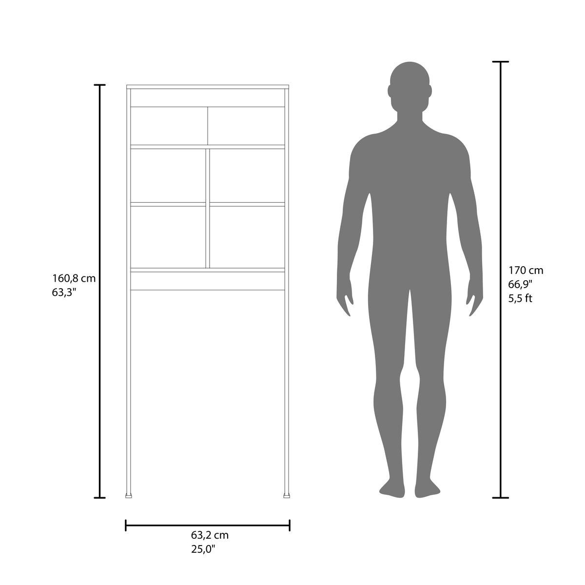 WC Over-the-Toilet Bathroom Storage Cabinet With 5 Open Display Shelves and Toilet Surround, Bathroom Storage, Avellana