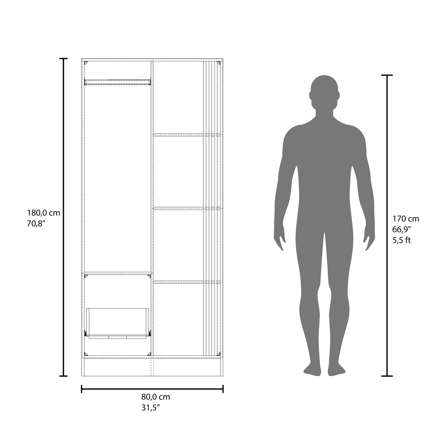 Vance Armoire With Double Doors, Interior Hanging Rod And Shelves, Freestanding Modern Wardrobe Closet