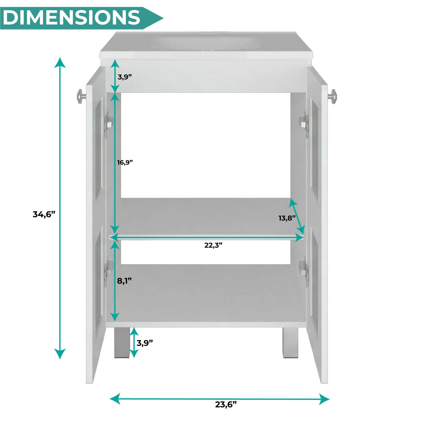 Haysi Bathroom Vanity Cabinet with 2 frosted glass Doors, Resin Sink and 2 Interior Shelves Cabinet, Compact Vintage and Modern Bathroom Vanity