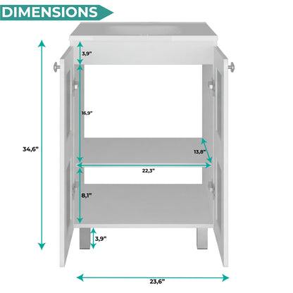 Haysi Bathroom Vanity Cabinet with 2 frosted glass Doors, Resin Sink and 2 Interior Shelves Cabinet, Compact Vintage and Modern Bathroom Vanity
