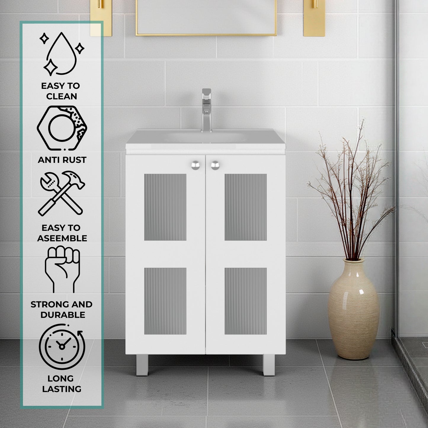 Haysi Bathroom Vanity Cabinet with 2 frosted glass Doors, Resin Sink and 2 Interior Shelves Cabinet, Compact Vintage and Modern Bathroom Vanity