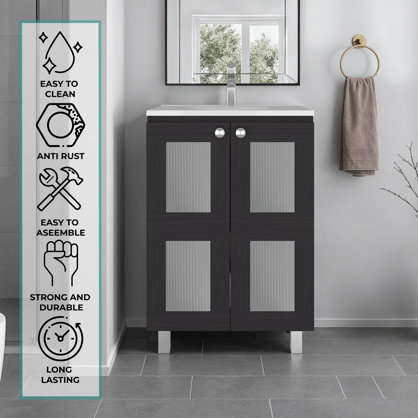 Haysi Bathroom Vanity Cabinet with 2 frosted glass Doors, Resin Sink and 2 Interior Shelves Cabinet, Compact Vintage and Modern Bathroom Vanity