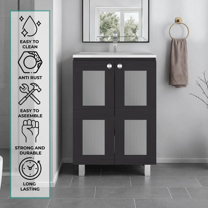 Haysi Bathroom Vanity Cabinet with 2 frosted glass Doors, Resin Sink and 2 Interior Shelves Cabinet, Compact Vintage and Modern Bathroom Vanity