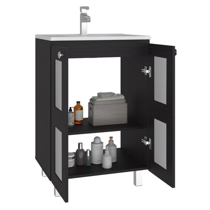 Haysi Bathroom Vanity Cabinet with 2 frosted glass Doors, Resin Sink and 2 Interior Shelves Cabinet, Compact Vintage and Modern Bathroom Vanity