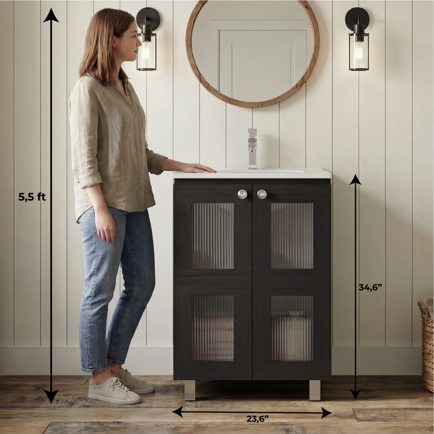 Haysi Bathroom Vanity Cabinet with 2 frosted glass Doors, Resin Sink and 2 Interior Shelves Cabinet, Compact Vintage and Modern Bathroom Vanity