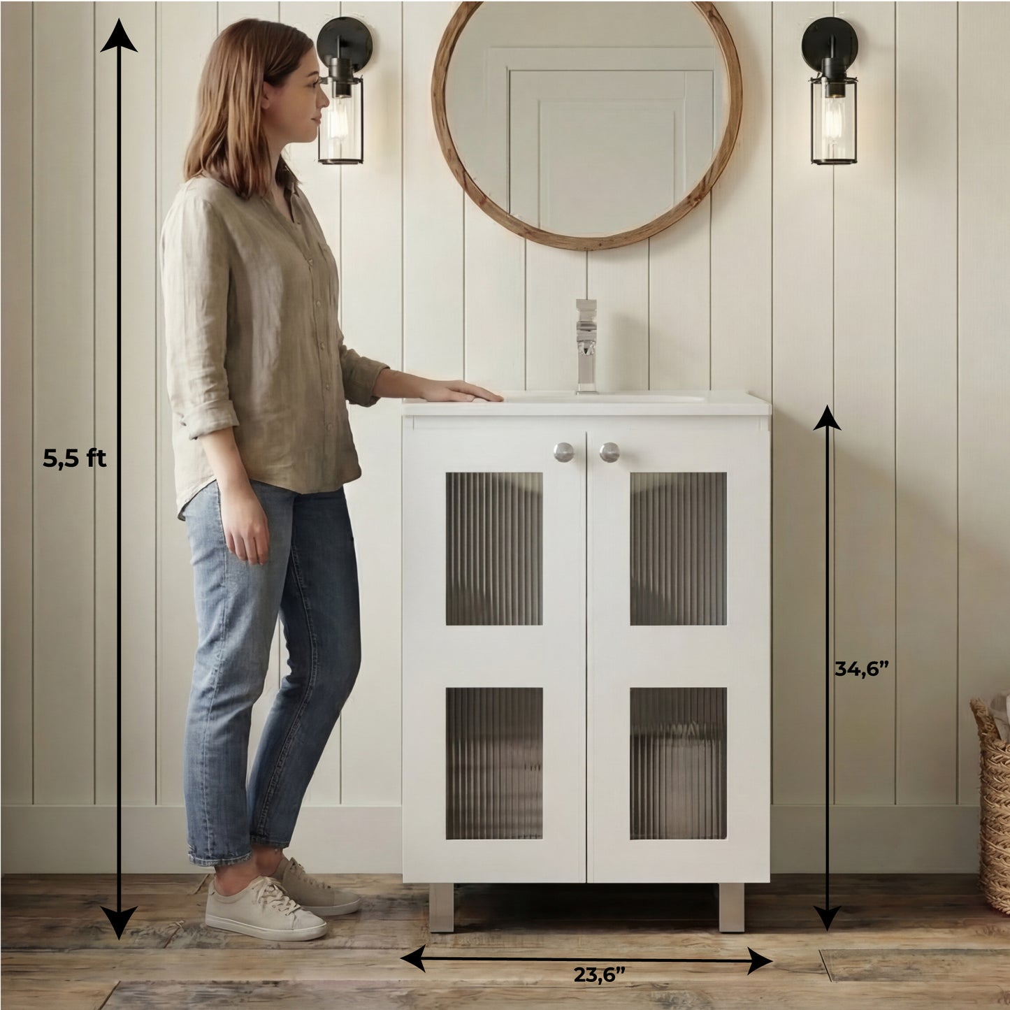Haysi Bathroom Vanity Cabinet with 2 frosted glass Doors, Resin Sink and 2 Interior Shelves Cabinet, Compact Vintage and Modern Bathroom Vanity