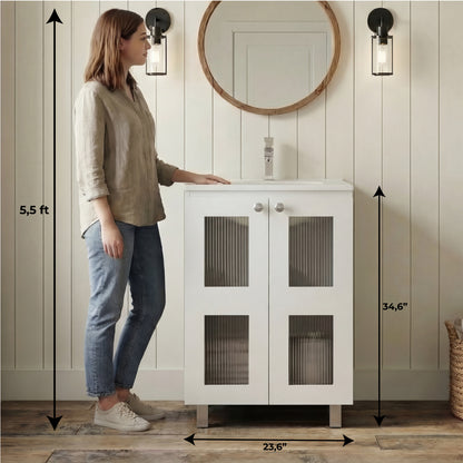 Haysi Bathroom Vanity Cabinet with 2 frosted glass Doors, Resin Sink and 2 Interior Shelves Cabinet, Compact Vintage and Modern Bathroom Vanity