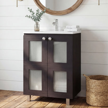 Haysi Bathroom Vanity Cabinet with 2 frosted glass Doors, Resin Sink and 2 Interior Shelves Cabinet, Compact Vintage and Modern Bathroom Vanity