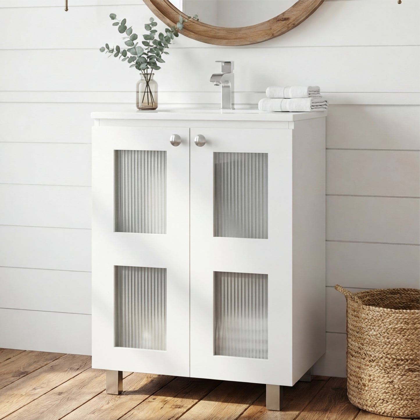 Haysi Bathroom Vanity Cabinet with 2 frosted glass Doors, Resin Sink and 2 Interior Shelves Cabinet, Compact Vintage and Modern Bathroom Vanity