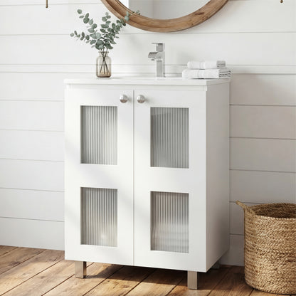 Haysi Bathroom Vanity Cabinet with 2 frosted glass Doors, Resin Sink and 2 Interior Shelves Cabinet, Compact Vintage and Modern Bathroom Vanity