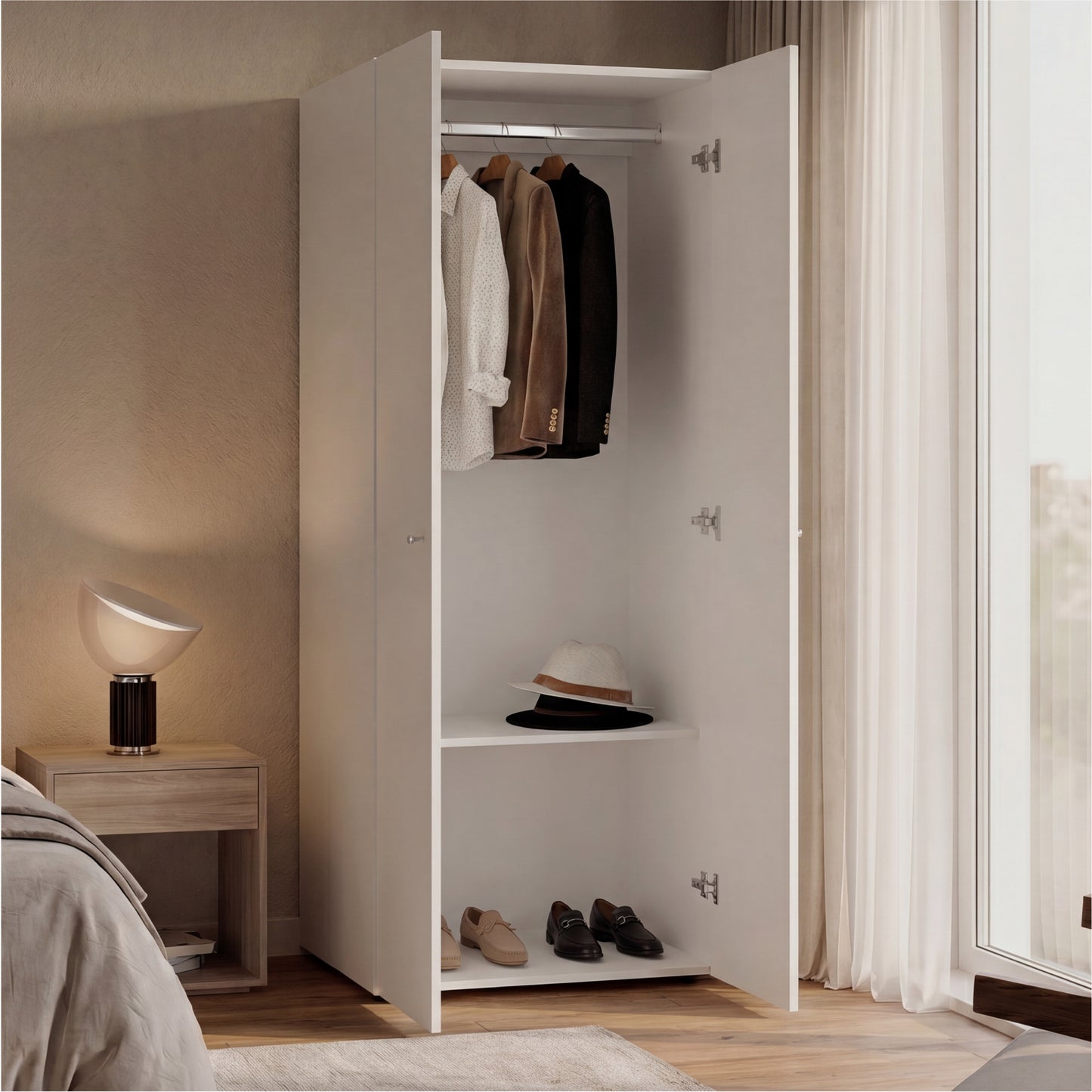 Home 2-Door Closet System Armoire with Hanging Rod and Storage Shelf, Modern Bedroom Organization Storage, Space-Saving Wardrobe for Jackets, Dresses, and Folded Garments in Contemporary Bedrooms