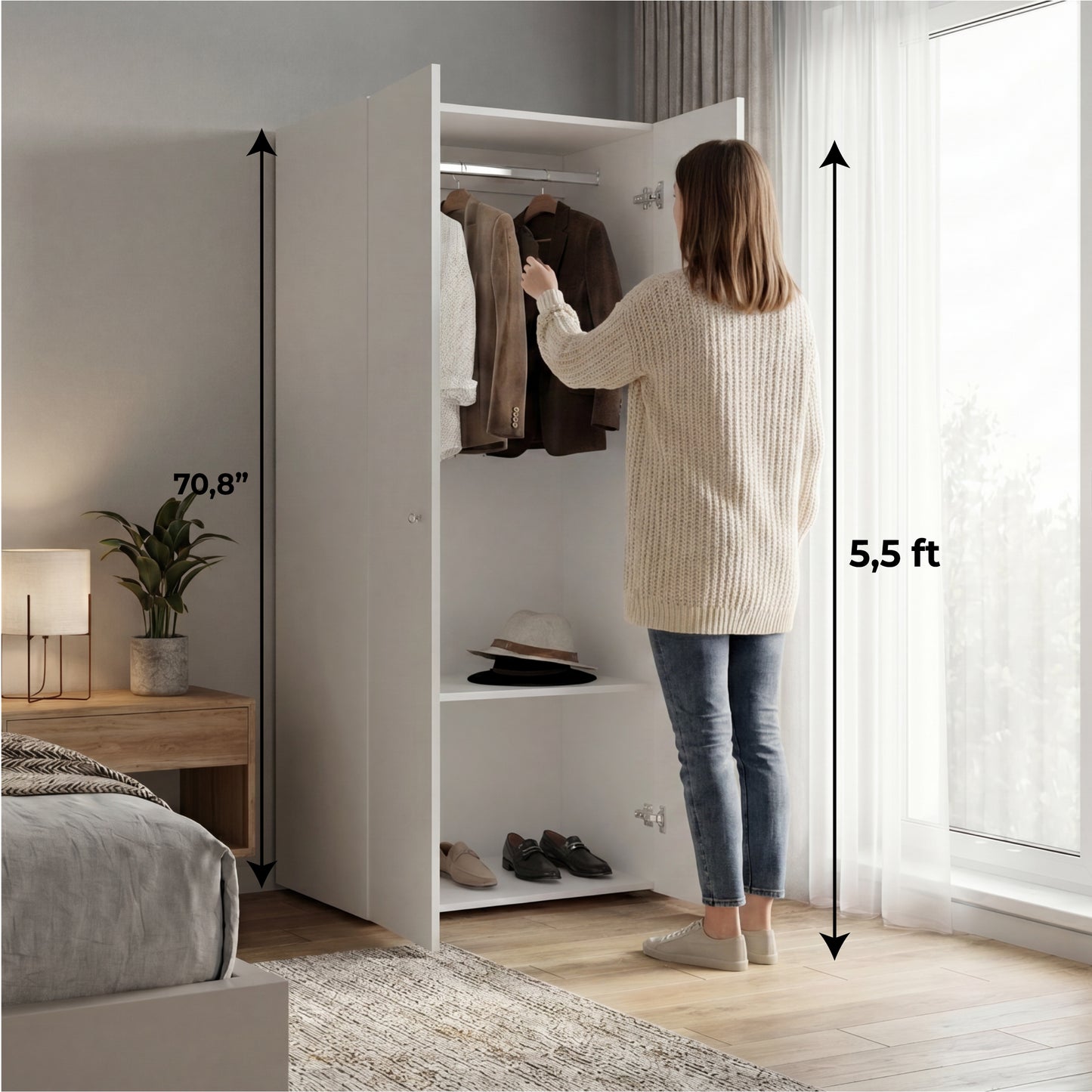 Home 2-Door Closet System Armoire with Hanging Rod and Storage Shelf, Modern Bedroom Organization Storage, Space-Saving Wardrobe for Jackets, Dresses, and Folded Garments in Contemporary Bedrooms