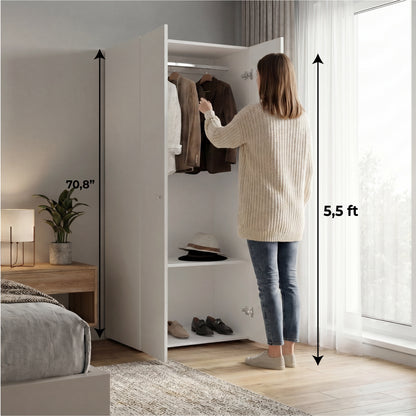 Home 2-Door Closet System Armoire with Hanging Rod and Storage Shelf, Modern Bedroom Organization Storage, Space-Saving Wardrobe for Jackets, Dresses, and Folded Garments in Contemporary Bedrooms