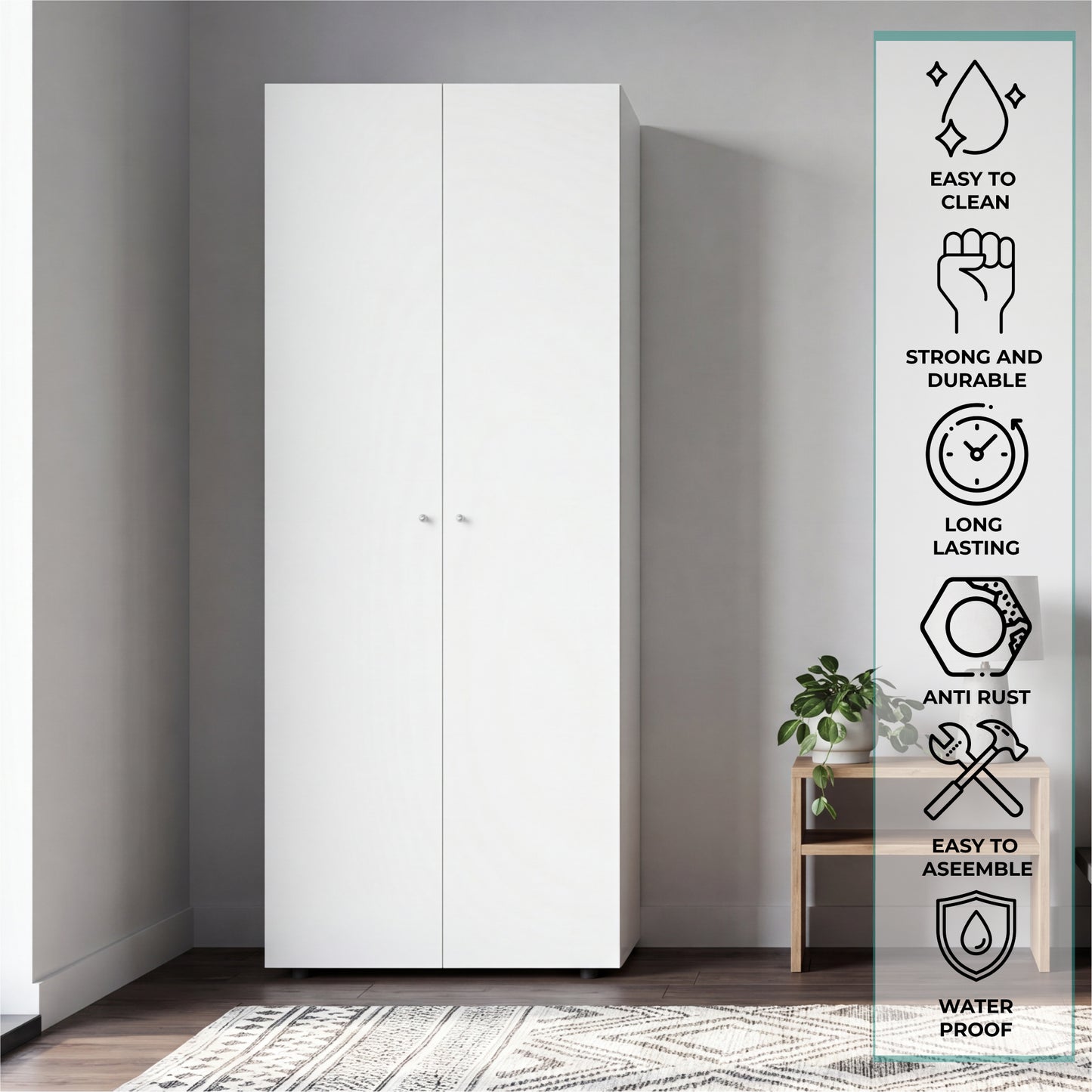 Home 2-Door Closet System Armoire with Hanging Rod and Storage Shelf, Modern Bedroom Organization Storage, Space-Saving Wardrobe for Jackets, Dresses, and Folded Garments in Contemporary Bedrooms