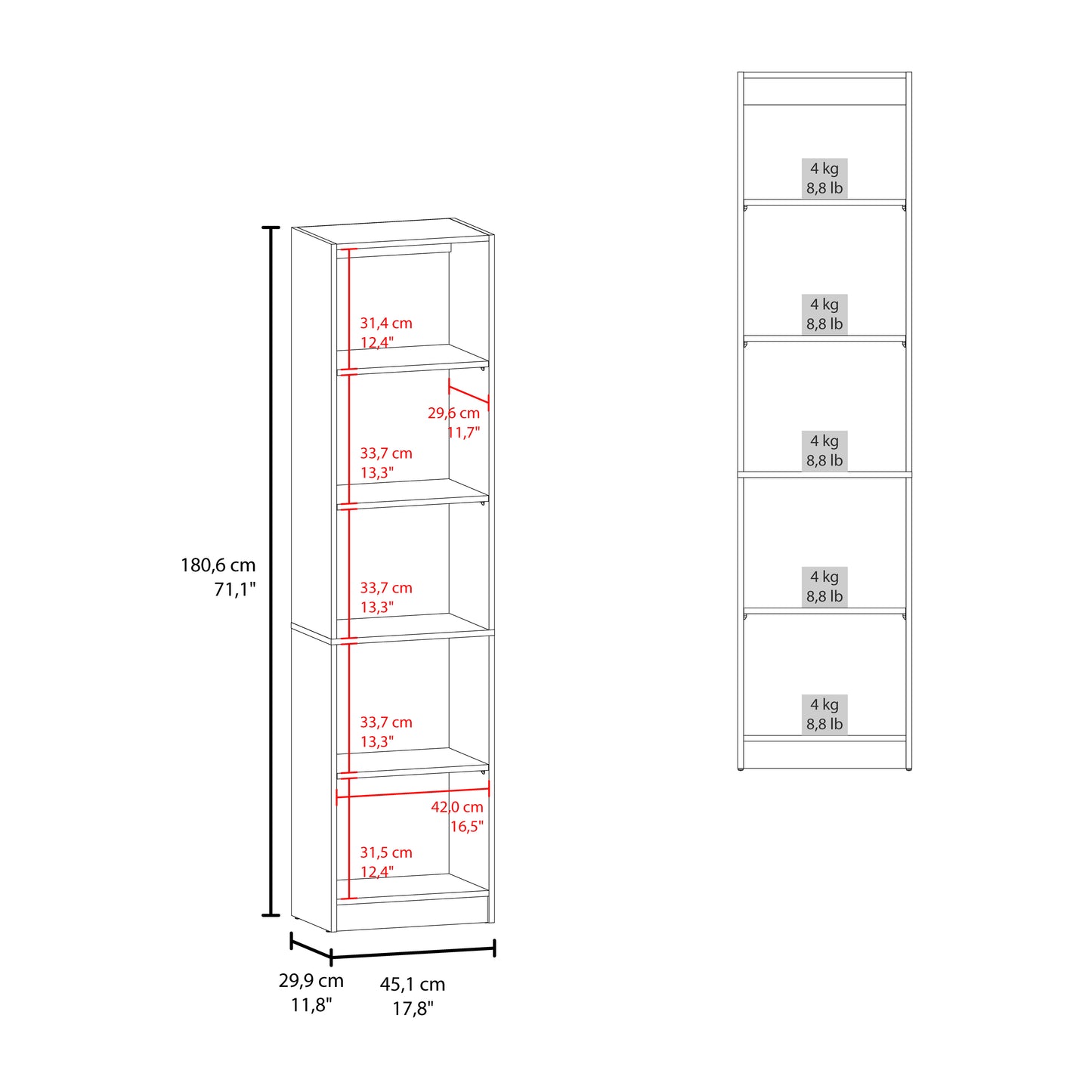 Home Slim 5 Shelves Narrow Bookcase With Open Shelves