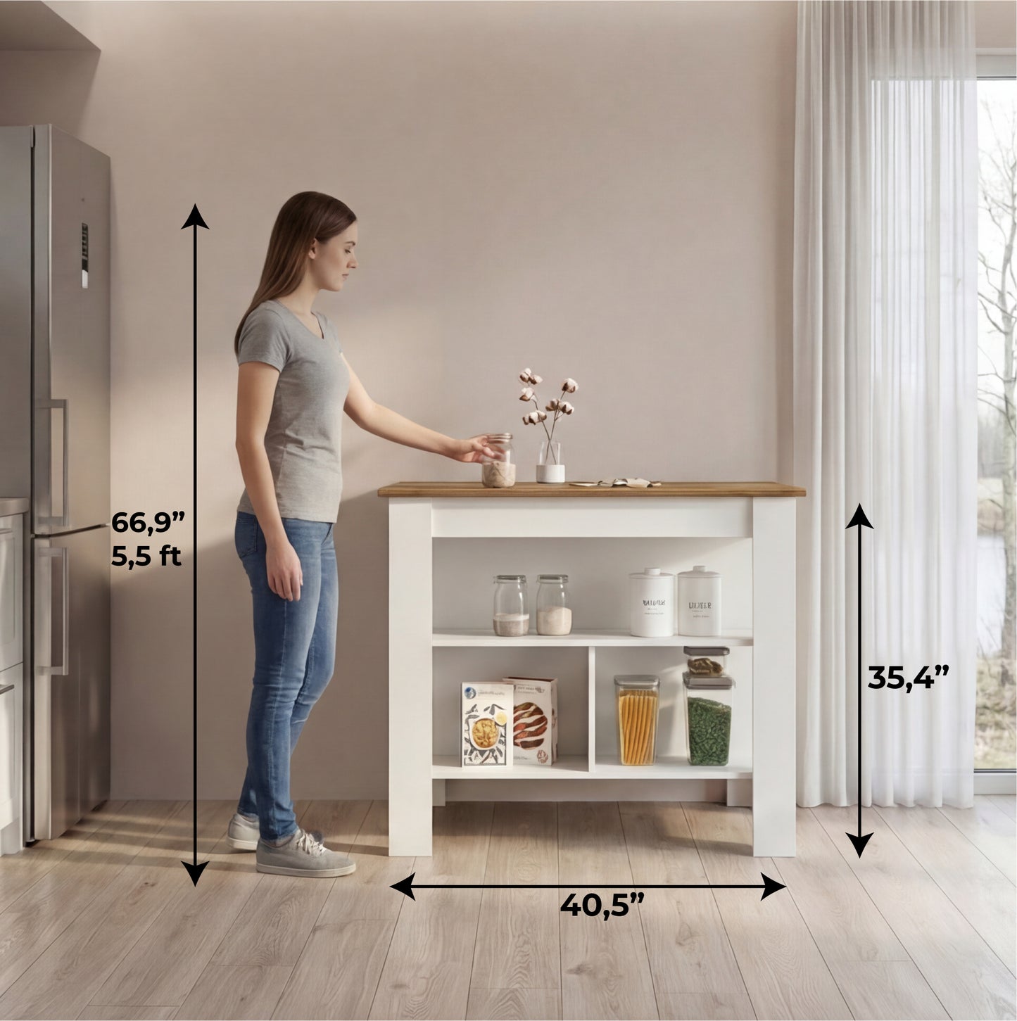 Tuhome Cala Kitchen Island with Spacious Tabletop, Three Open Storage Shelves, Four Sturdy Legs and Comfortable Meal Prep Workstation Design for Modern, Functional and Organized Everyday Culinary Spaces