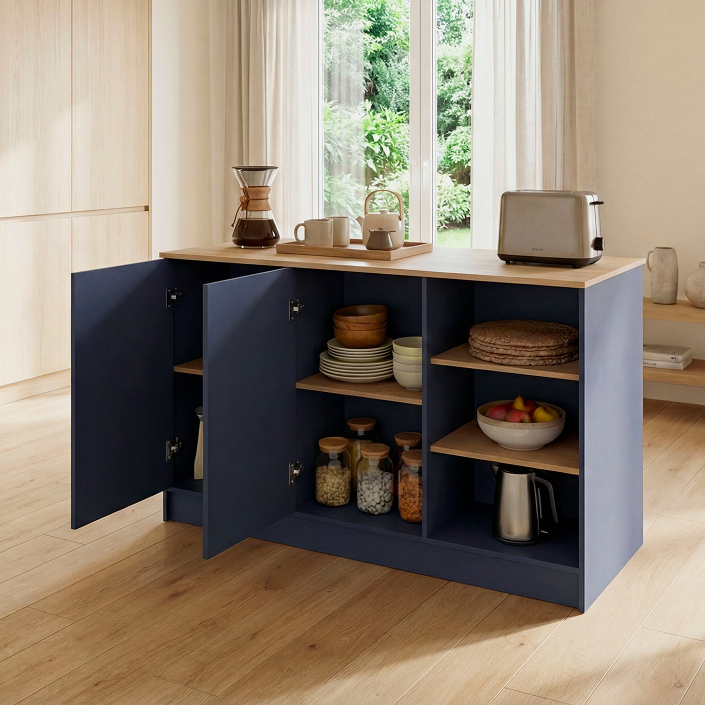 Ginger Kitchen Island with Spacious Countertop, Three Open Storage Shelves, Dual Cabinet Doors with Interior Shelves and Functional Floorstanding Design for Enhanced Organization, Meal Prep Efficiency and Modern Kitchen Appeal