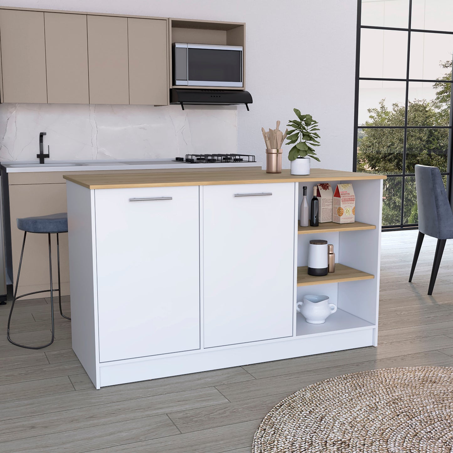 Ginger Kitchen Island, Three Open Shelves, Two Cabinets