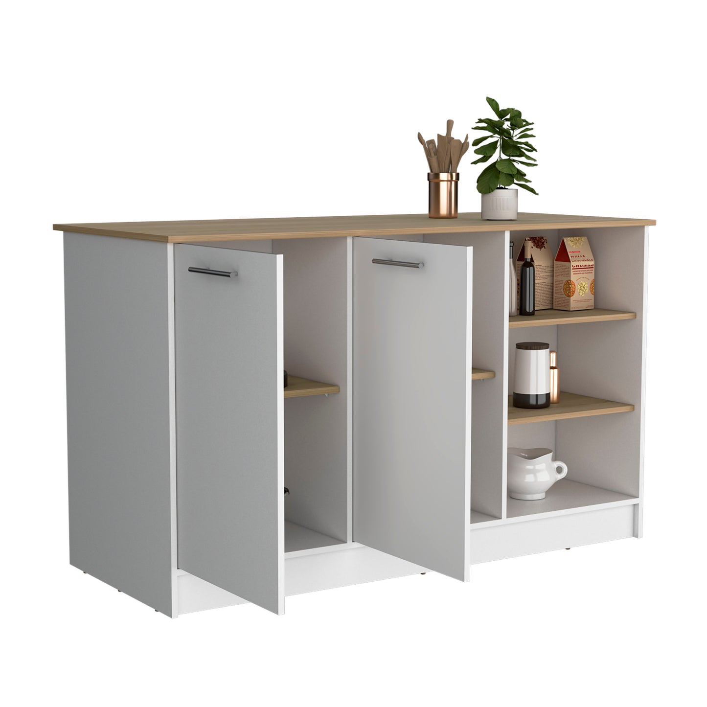 Ginger Kitchen Island, Three Open Shelves, Two Cabinets