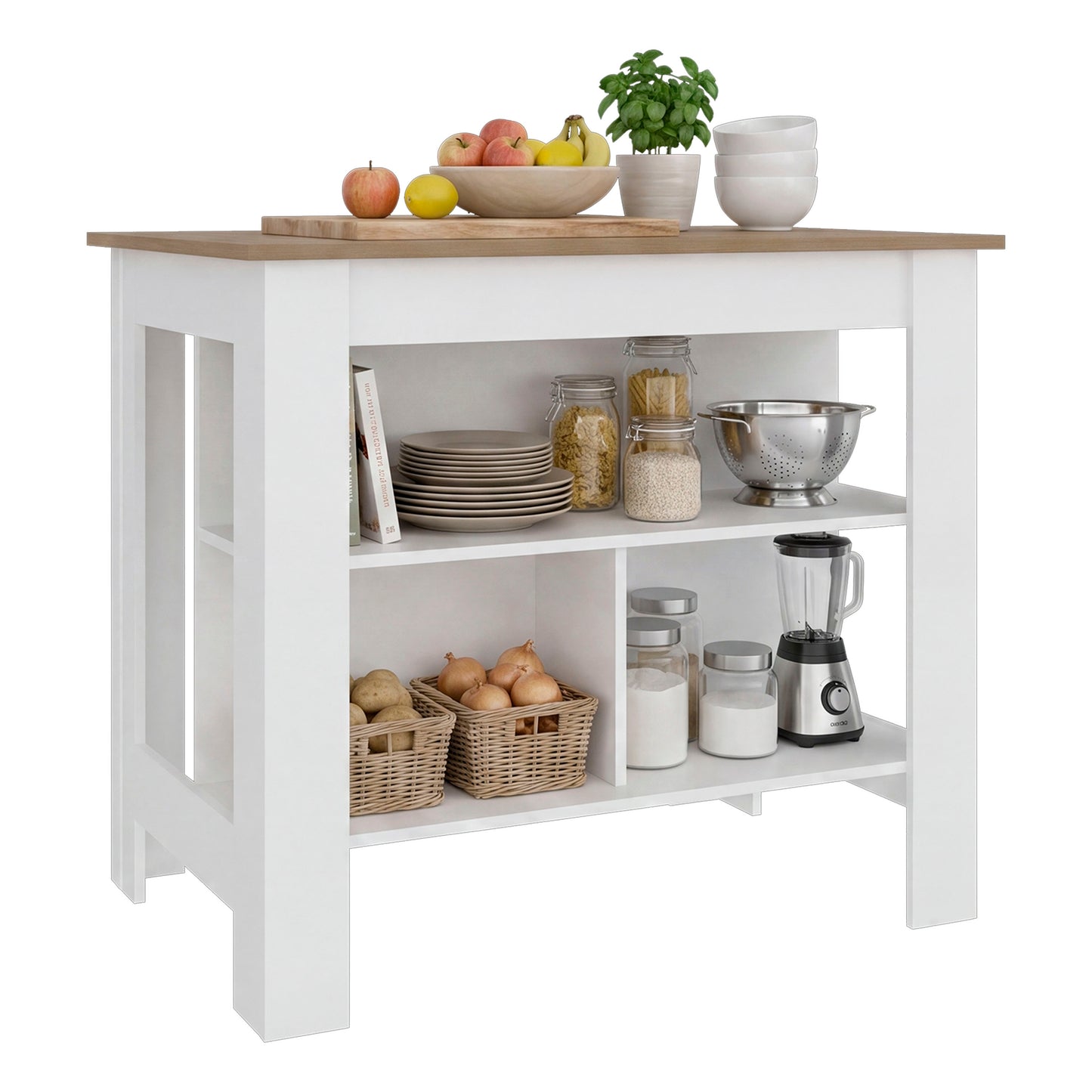 Tuhome Cala Kitchen Island with Spacious Tabletop, Three Open Storage Shelves, Four Sturdy Legs and Comfortable Meal Prep Workstation Design for Modern, Functional and Organized Everyday Culinary Spaces
