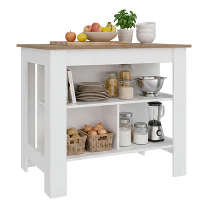 Tuhome Cala Kitchen Island with Spacious Tabletop, Three Open Storage Shelves, Four Sturdy Legs and Comfortable Meal Prep Workstation Design for Modern, Functional and Organized Everyday Culinary Spaces