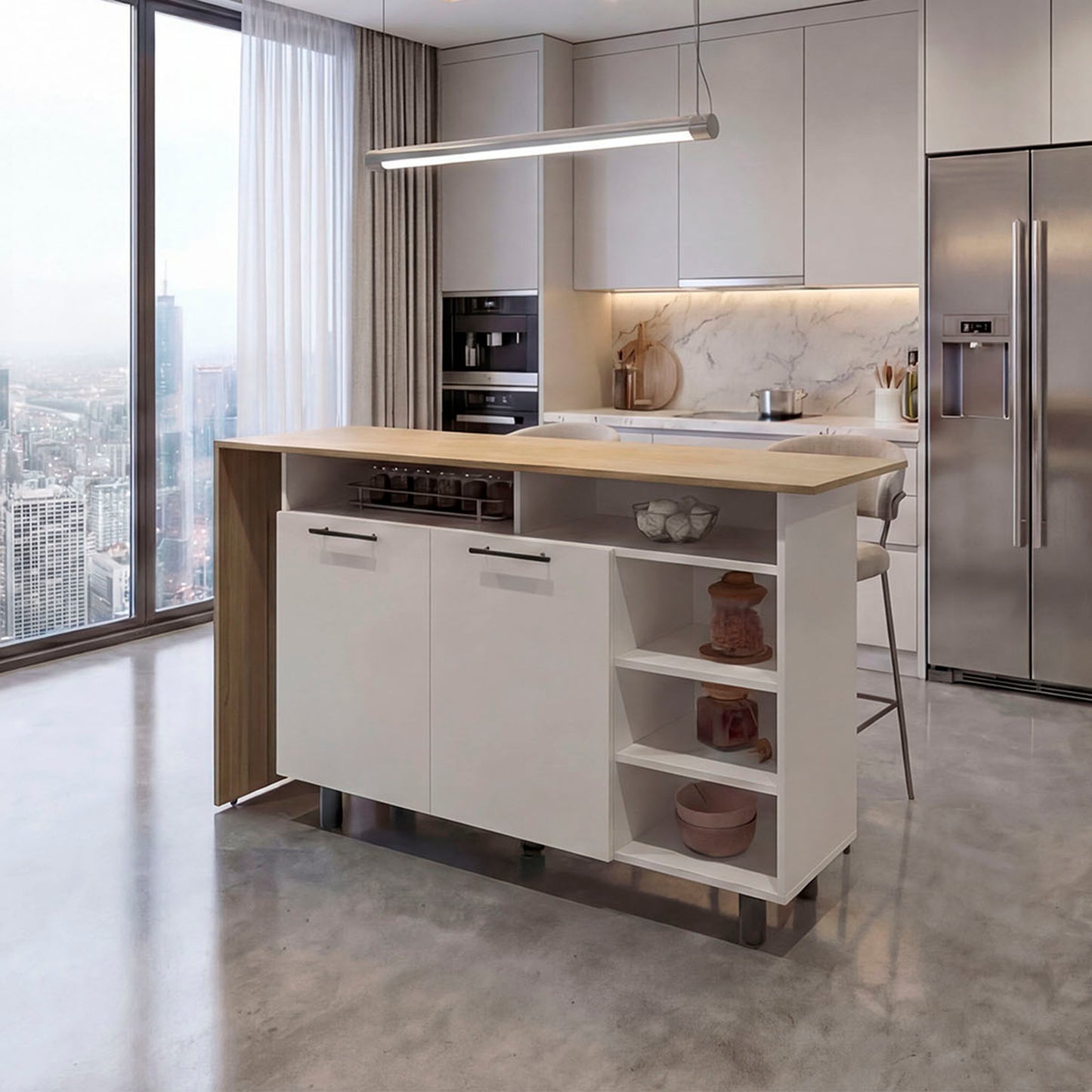 Corcega Kitchen Counter Table and Island with Open Display Shelves and 2 Door Cabinet, Manufactured Wood Sideboard