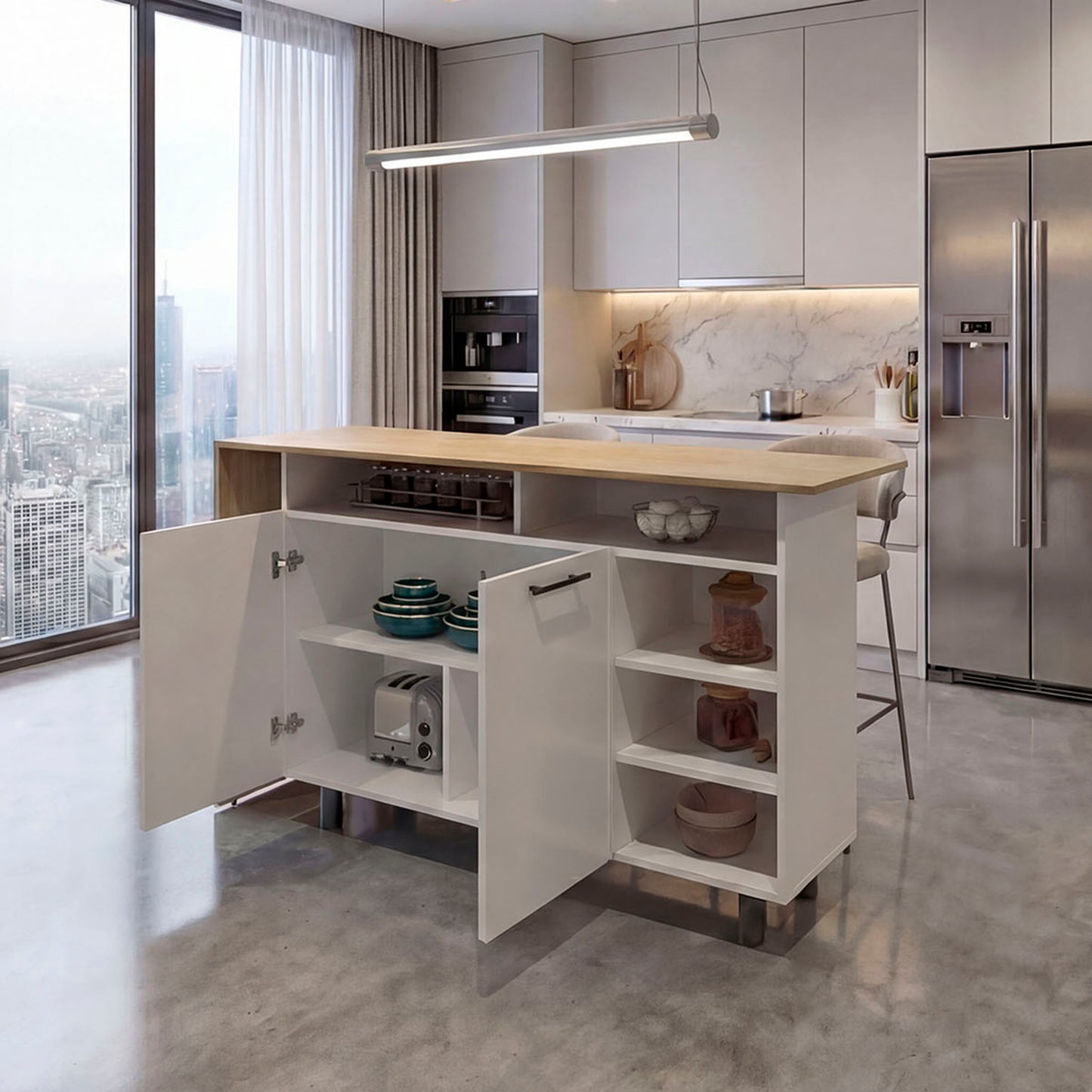 Corcega Kitchen Counter Table and Island with Open Display Shelves and 2 Door Cabinet, Manufactured Wood Sideboard