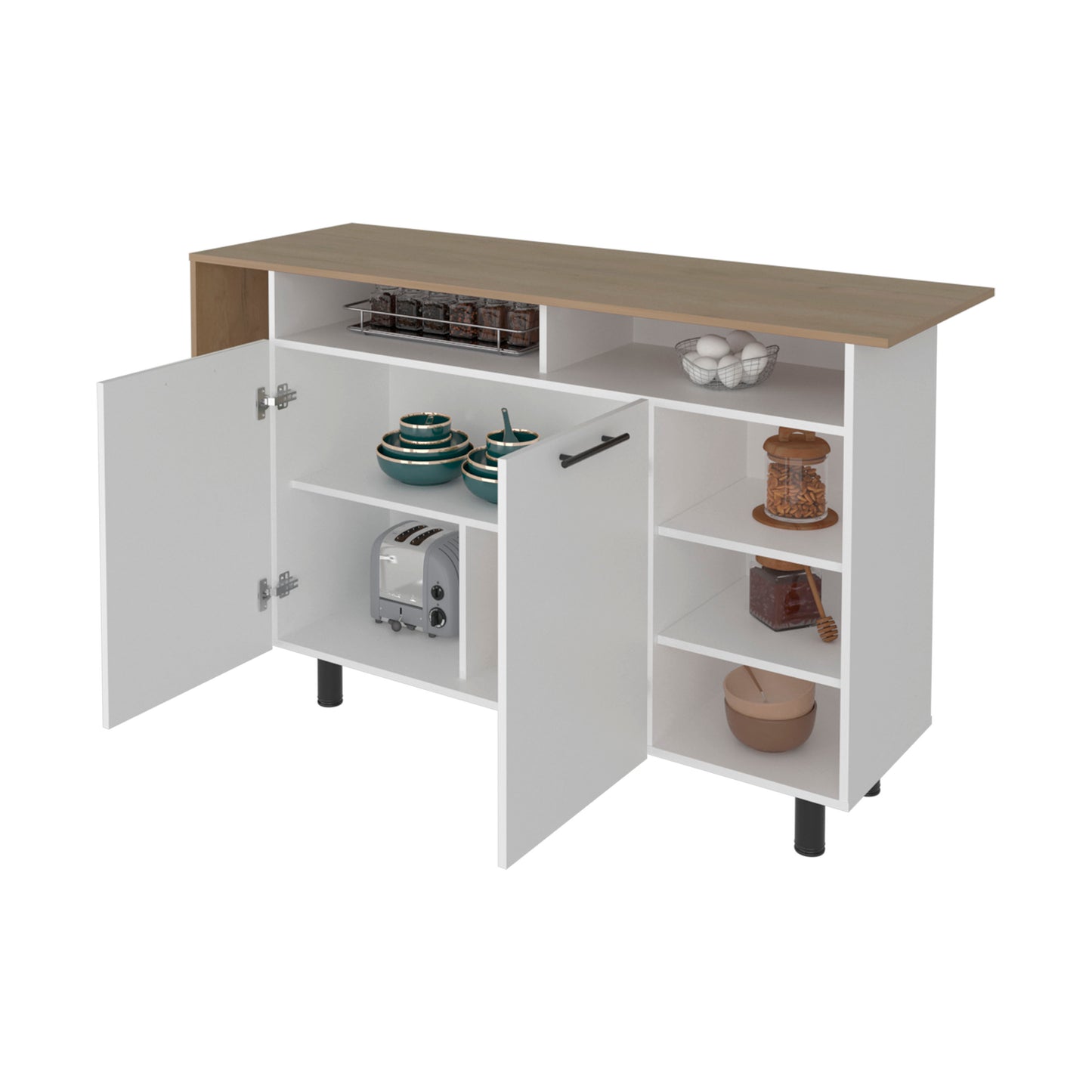 Corcega Kitchen Counter Table and Island with Open Display Shelves and 2 Door Cabinet, Manufactured Wood Sideboard
