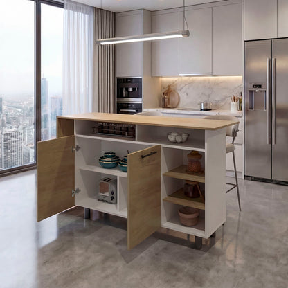 Corcega Kitchen Counter Table and Island with Open Display Shelves and 2 Door Cabinet, Manufactured Wood Sideboard