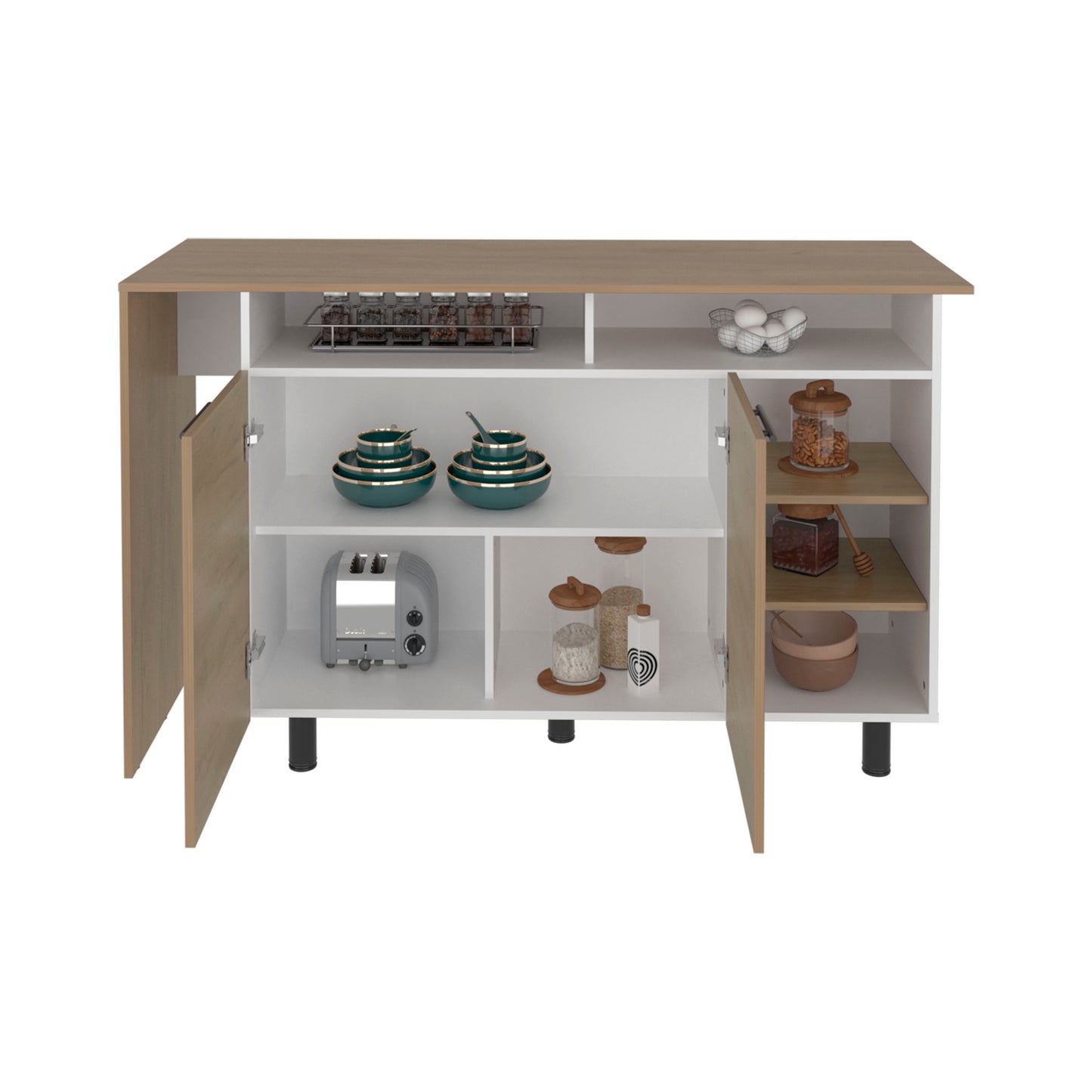 Corcega Kitchen Counter Table and Island with Open Display Shelves and 2 Door Cabinet, Manufactured Wood Sideboard