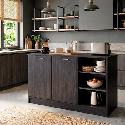Ginger Kitchen Island with Spacious Countertop, Three Open Storage Shelves, Dual Cabinet Doors with Interior Shelves and Functional Floorstanding Design for Enhanced Organization, Meal Prep Efficiency and Modern Kitchen Appeal