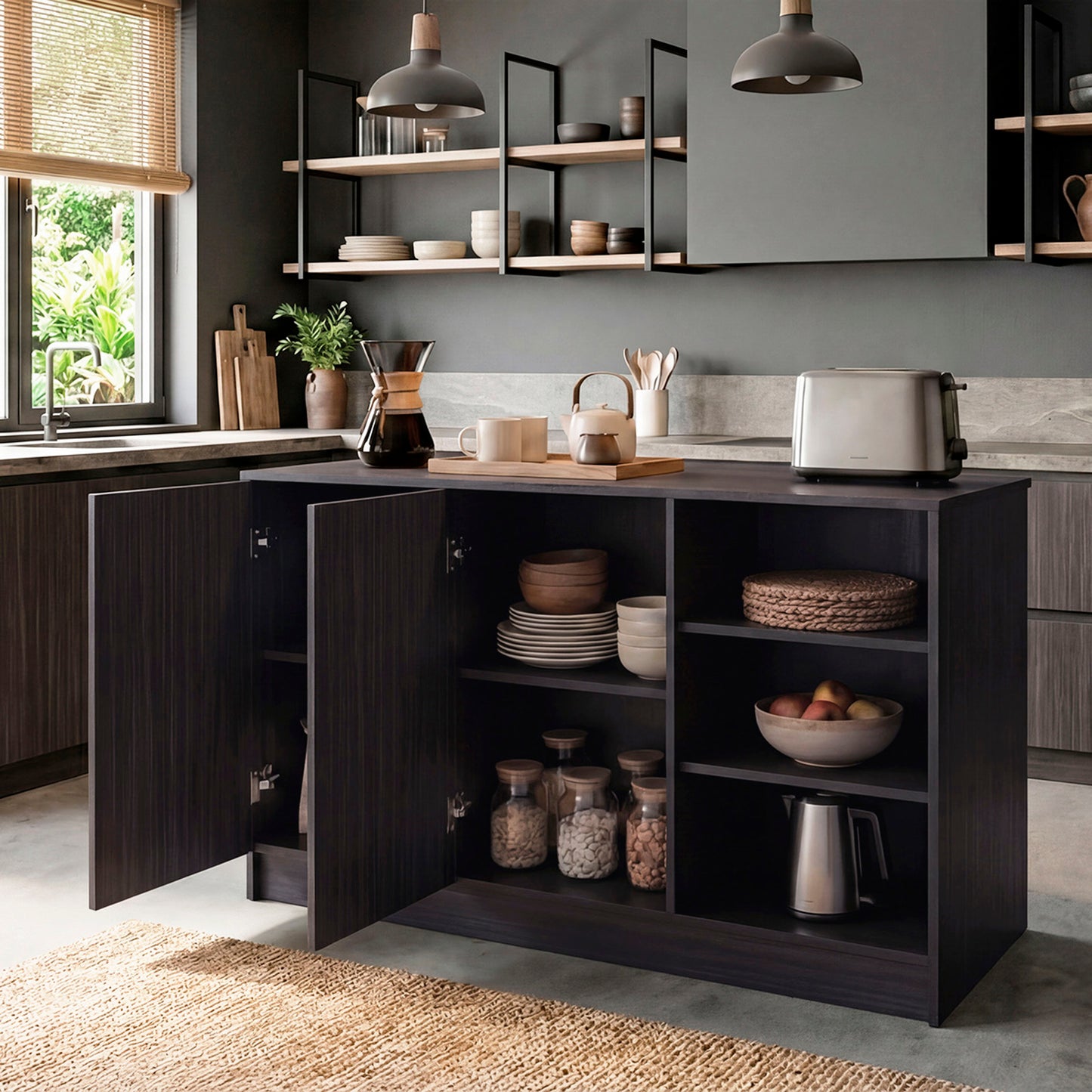 Ginger Kitchen Island with Spacious Countertop, Three Open Storage Shelves, Dual Cabinet Doors with Interior Shelves and Functional Floorstanding Design for Enhanced Organization, Meal Prep Efficiency and Modern Kitchen Appeal