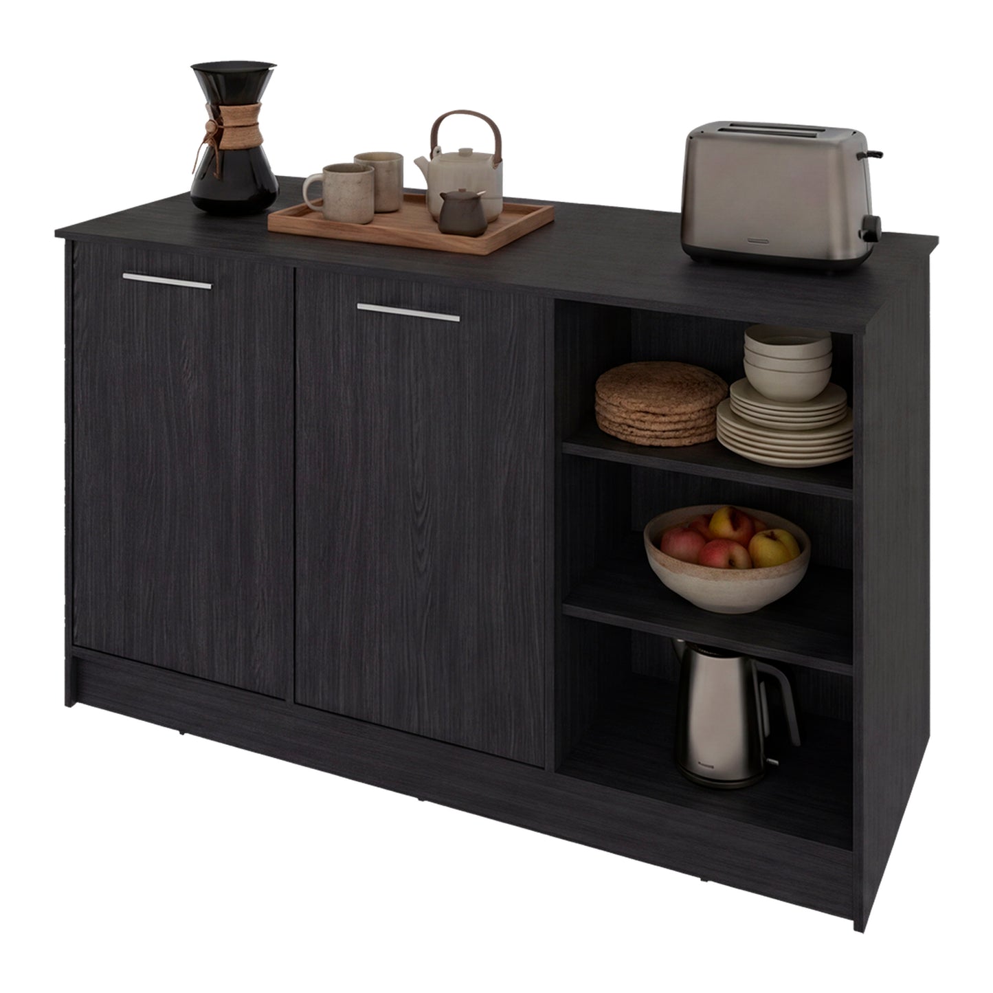 Ginger Kitchen Island with Spacious Countertop, Three Open Storage Shelves, Dual Cabinet Doors with Interior Shelves and Functional Floorstanding Design for Enhanced Organization, Meal Prep Efficiency and Modern Kitchen Appeal