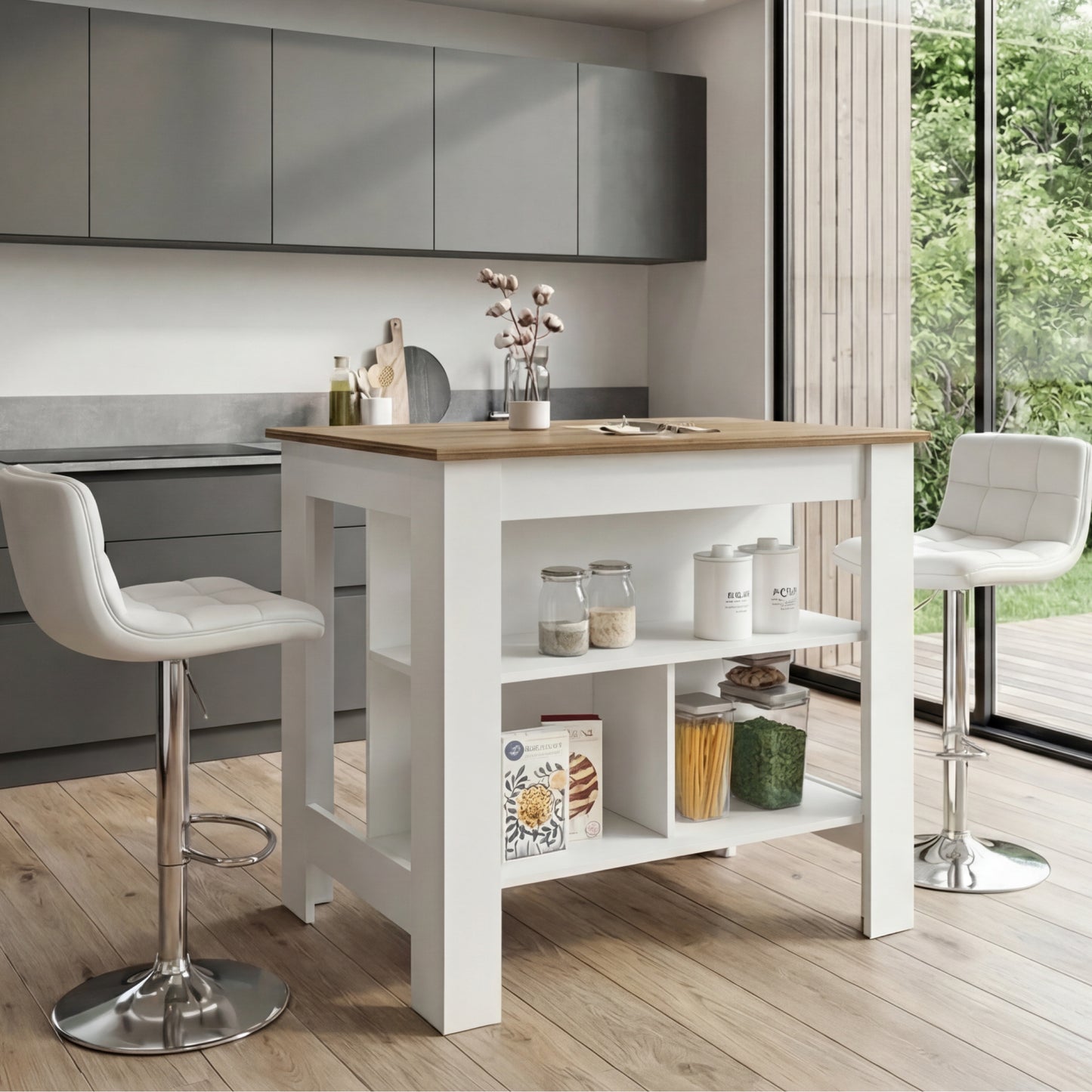Tuhome Cala Kitchen Island with Spacious Tabletop, Three Open Storage Shelves, Four Sturdy Legs and Comfortable Meal Prep Workstation Design for Modern, Functional and Organized Everyday Culinary Spaces
