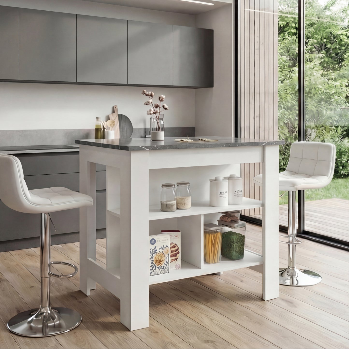 Tuhome Cala Kitchen Island with Spacious Tabletop, Three Open Storage Shelves, Four Sturdy Legs and Comfortable Meal Prep Workstation Design for Modern, Functional and Organized Everyday Culinary Spaces