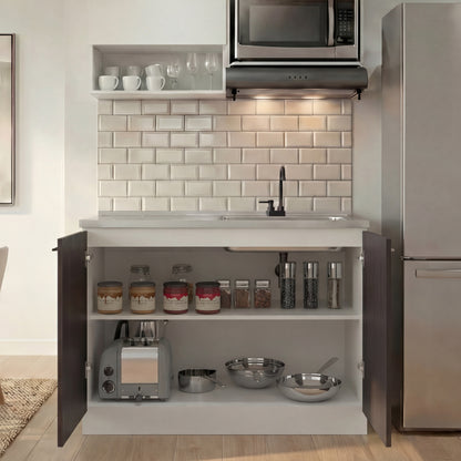 TUHOME Napoles Utility Sink Cabinet with Integrated Steel Sink, Double Door Storage, Interior Shelf and Durable Aluminum Countertop Offering Practical Organization and Functional Workspace.