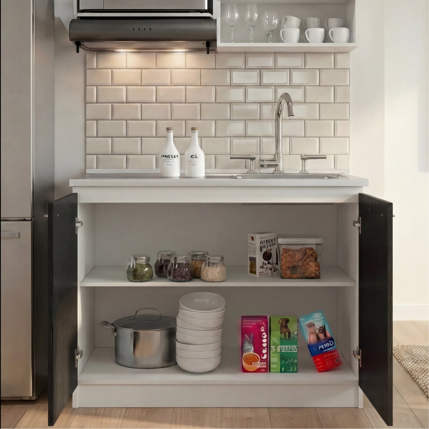 TUHOME Napoles Utility Sink Cabinet with Integrated Steel Sink, Double Door Storage, Interior Shelf and Durable Aluminum Countertop Offering Practical Organization and Functional Workspace for Modern Home Kitchens