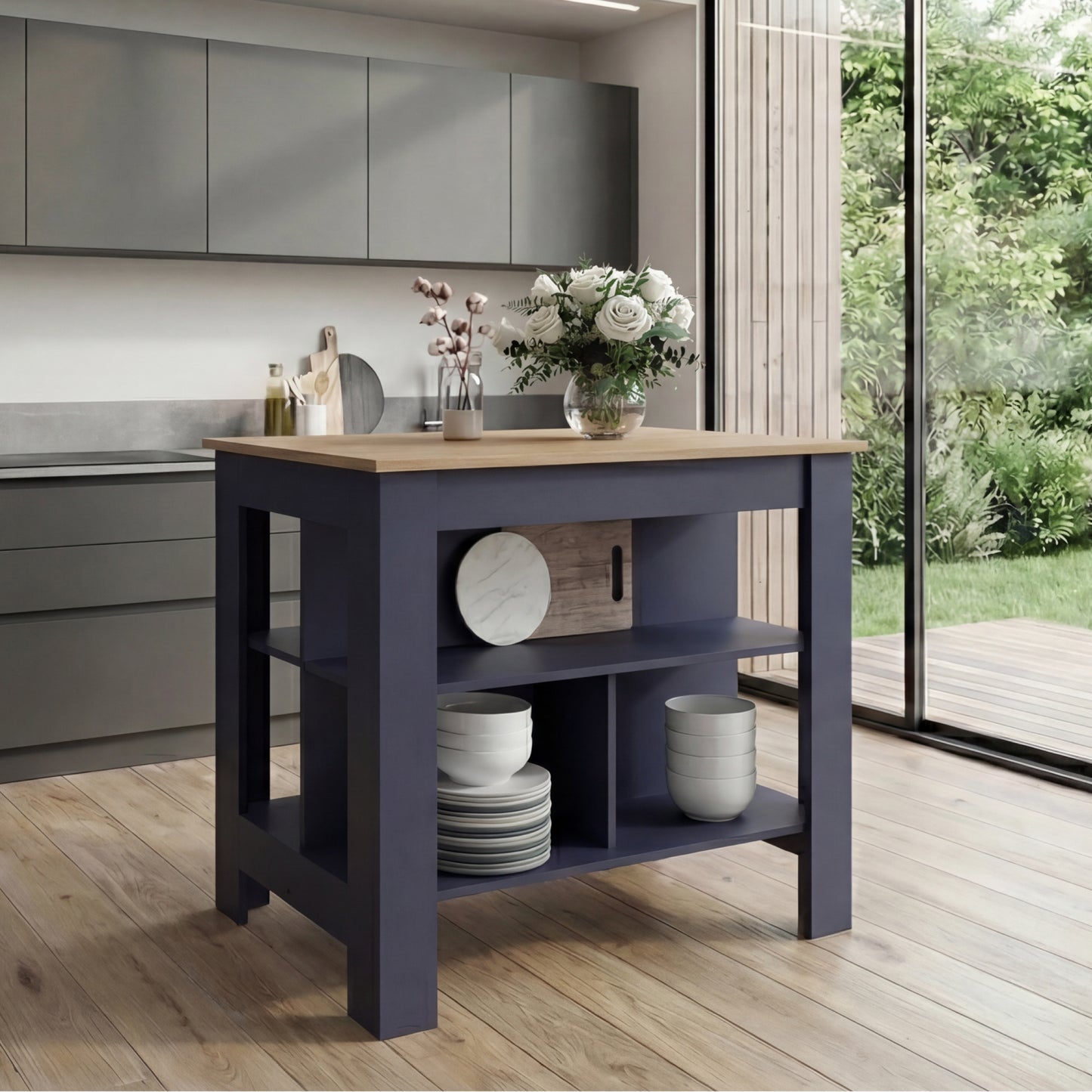 Tuhome Cala Kitchen Island with Spacious Tabletop, Three Open Storage Shelves, Four Sturdy Legs and Comfortable Meal Prep Workstation Design for Modern, Functional and Organized Everyday Culinary Spaces