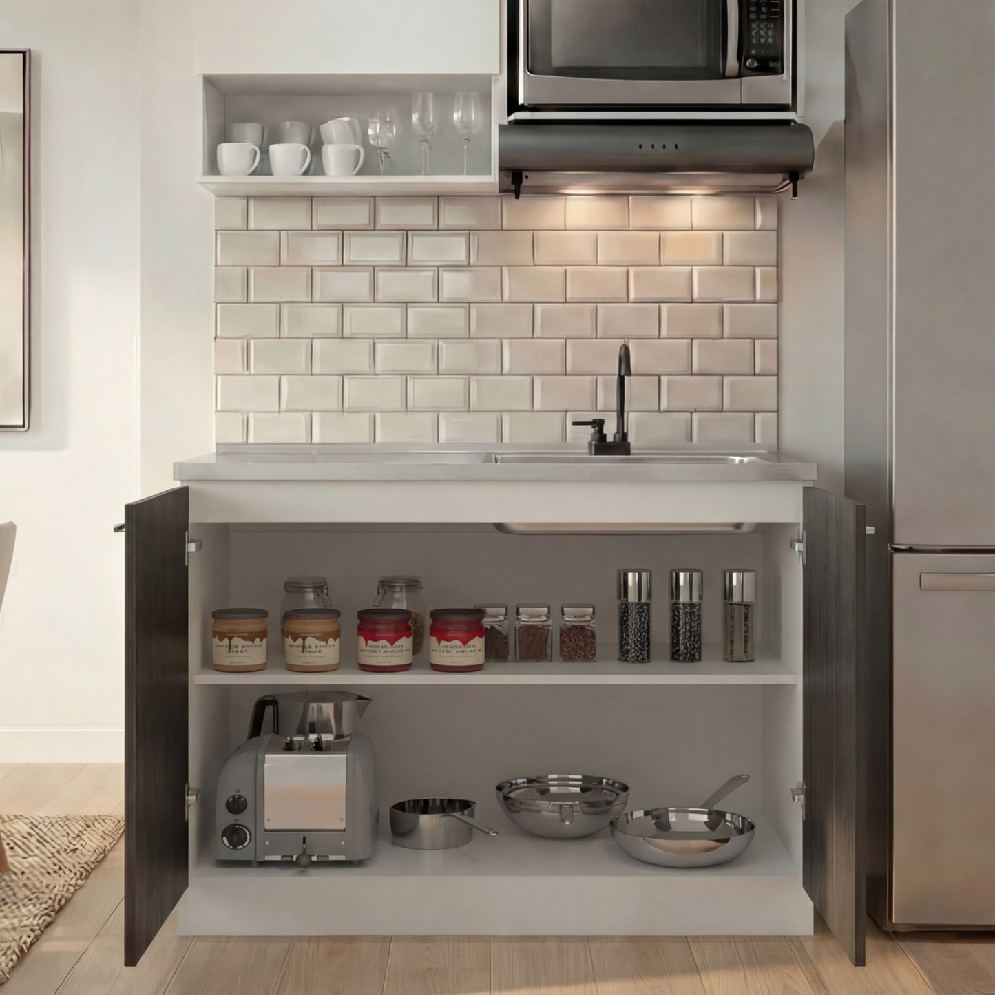 TUHOME Napoles Utility Sink Cabinet with Integrated Steel Sink, Double Door Storage, Interior Shelf and Durable Aluminum Countertop Offering Practical Organization and Functional Workspace.