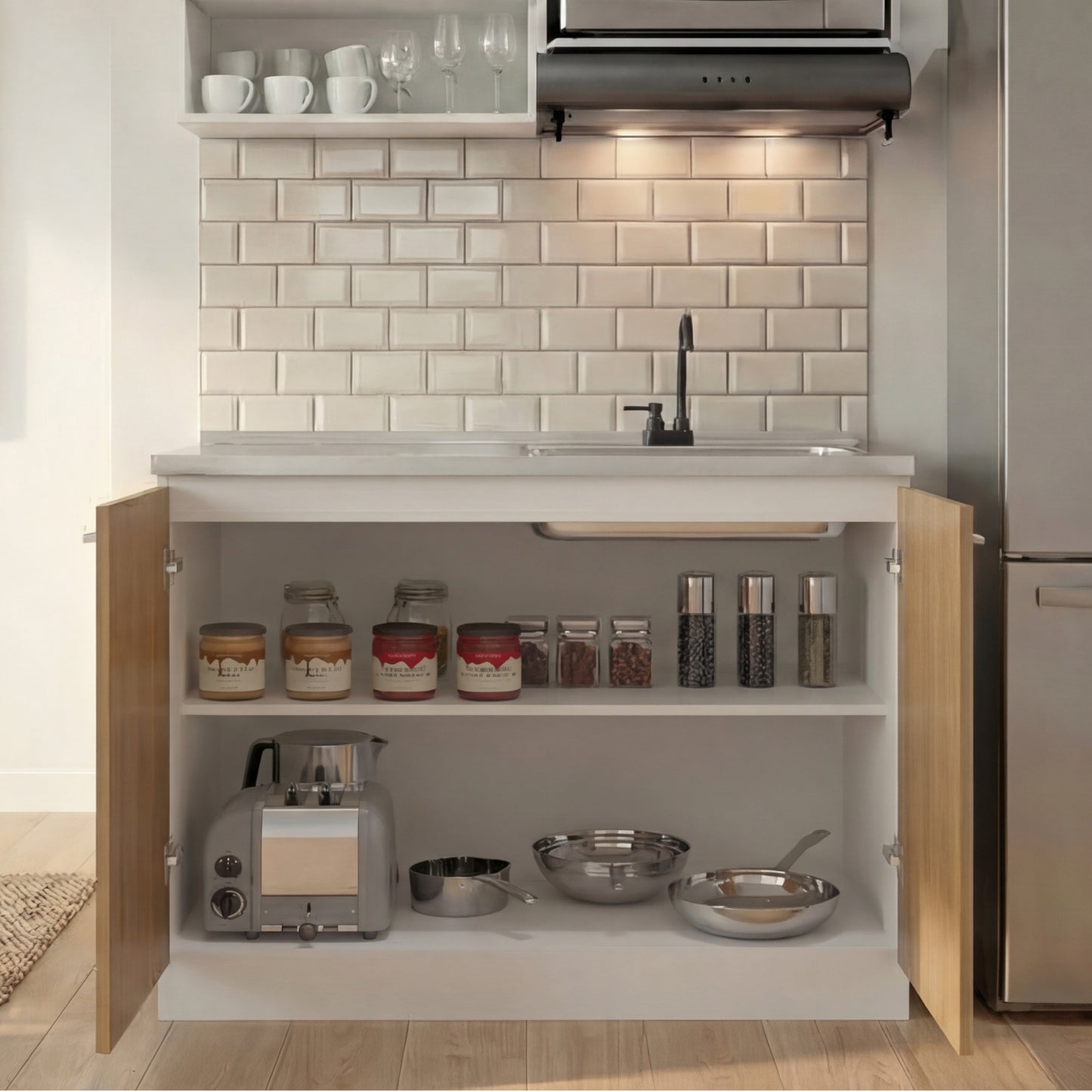 Napoles Utility Sink with Faucet Inclued and Integrated Steel Counter top, Freestanding cabinet with two doors, Metal Handles and Two interior shelves.