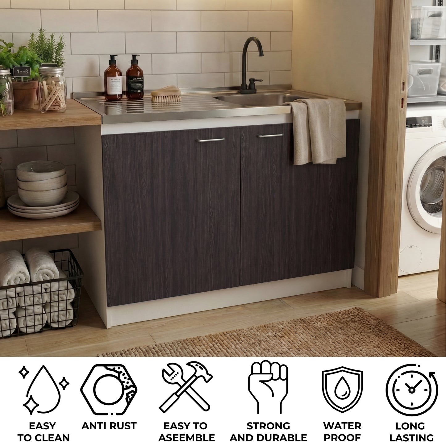 TUHOME Napoles Utility Sink Cabinet with Integrated Steel Sink, Double Door Storage, Interior Shelf and Durable Aluminum Countertop Offering Practical Organization and Functional Workspace.