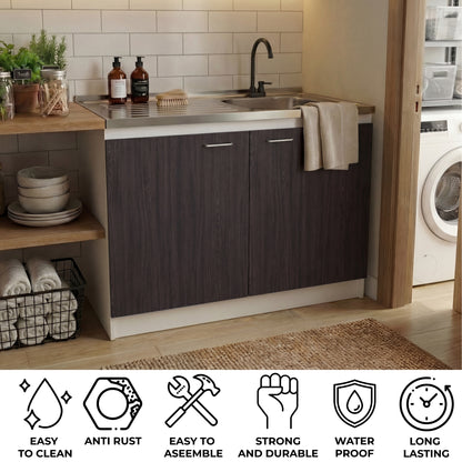 TUHOME Napoles Utility Sink Cabinet with Integrated Steel Sink, Double Door Storage, Interior Shelf and Durable Aluminum Countertop Offering Practical Organization and Functional Workspace.
