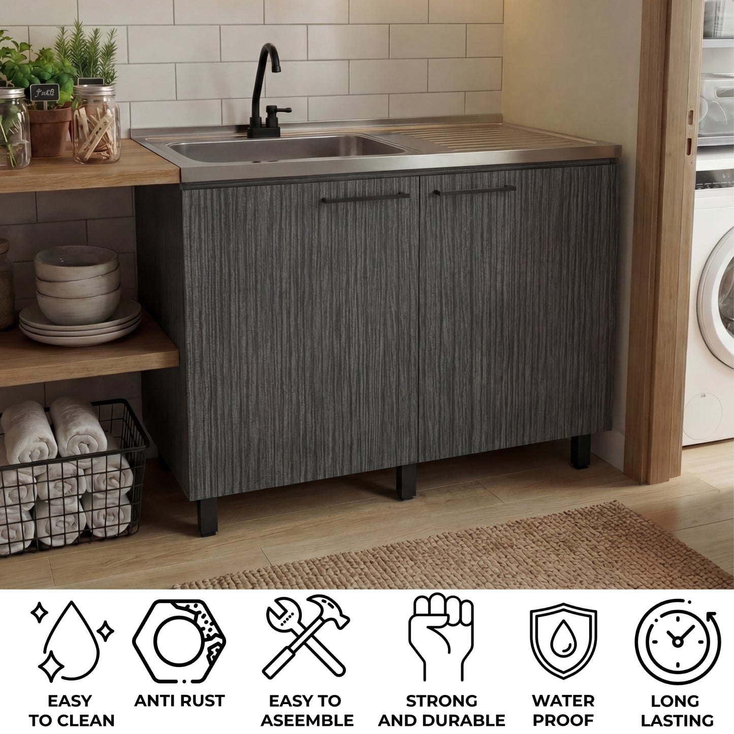 Napoles Utility Sink with Faucet Inclued and Integrated Steel Counter top, Freestanding cabinet with two doors, Metal Handles and Two interior shelves.