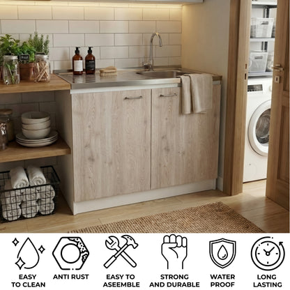 TUHOME Napoles Utility Sink Cabinet with Integrated Steel Sink, Double Door Storage, Interior Shelf and Durable Aluminum Countertop Offering Practical Organization and Functional Workspace.