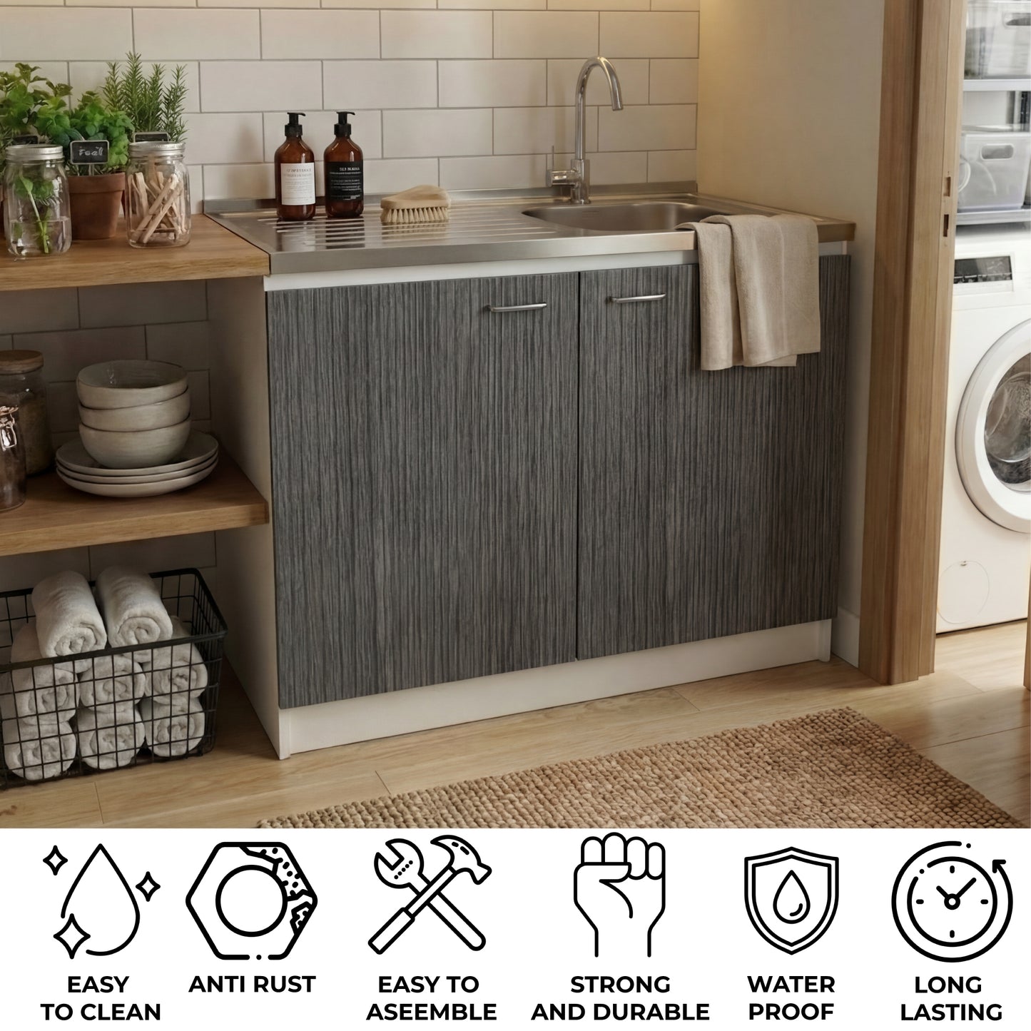 TUHOME Napoles Utility Sink Cabinet with Integrated Steel Sink, Double Door Storage, Interior Shelf and Durable Aluminum Countertop Offering Practical Organization and Functional Workspace.