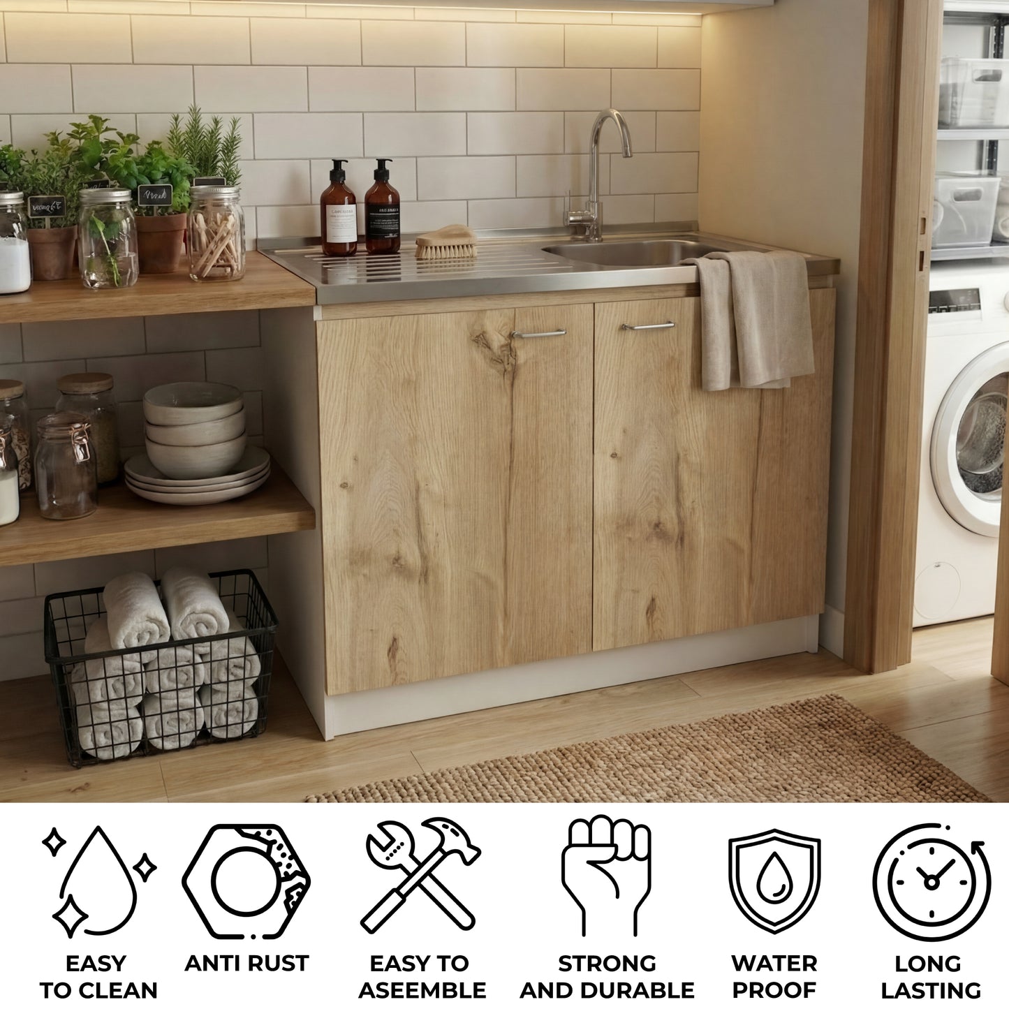 TUHOME Napoles Utility Sink Cabinet with Integrated Steel Sink, Double Door Storage, Interior Shelf and Durable Aluminum Countertop Offering Practical Organization and Functional Workspace.
